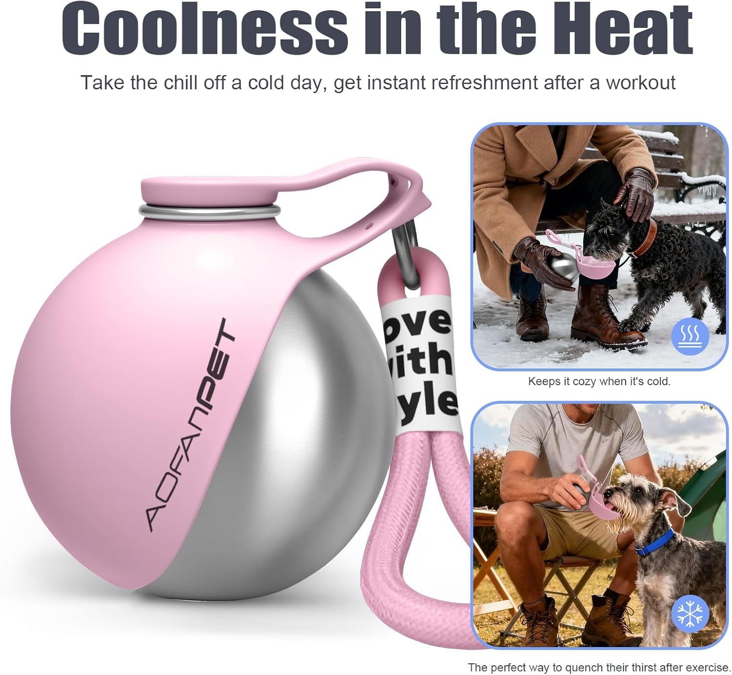 Portable Dog Water Bottle – 10oz Stainless Steel Travel Water Dispenser with Built-In Bowl, Leakproof for Walking, Hiking & Travel