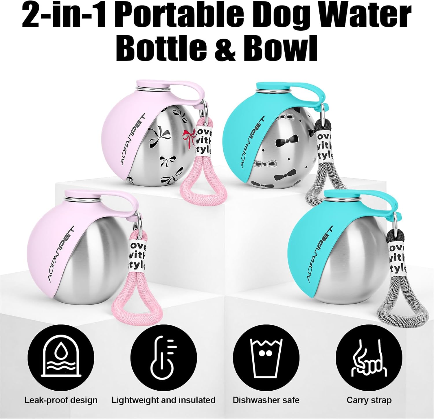 Portable Dog Water Bottle – 10oz Stainless Steel Travel Water Dispenser with Built-In Bowl, Leakproof for Walking, Hiking & Travel