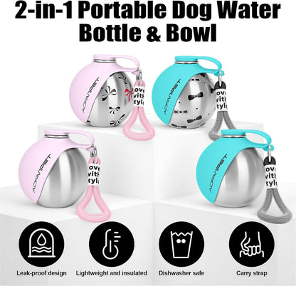 Portable Dog Water Bottle – 10oz Stainless Steel Travel Water Dispenser with Built-In Bowl, Leakproof for Walking, Hiking & Travel