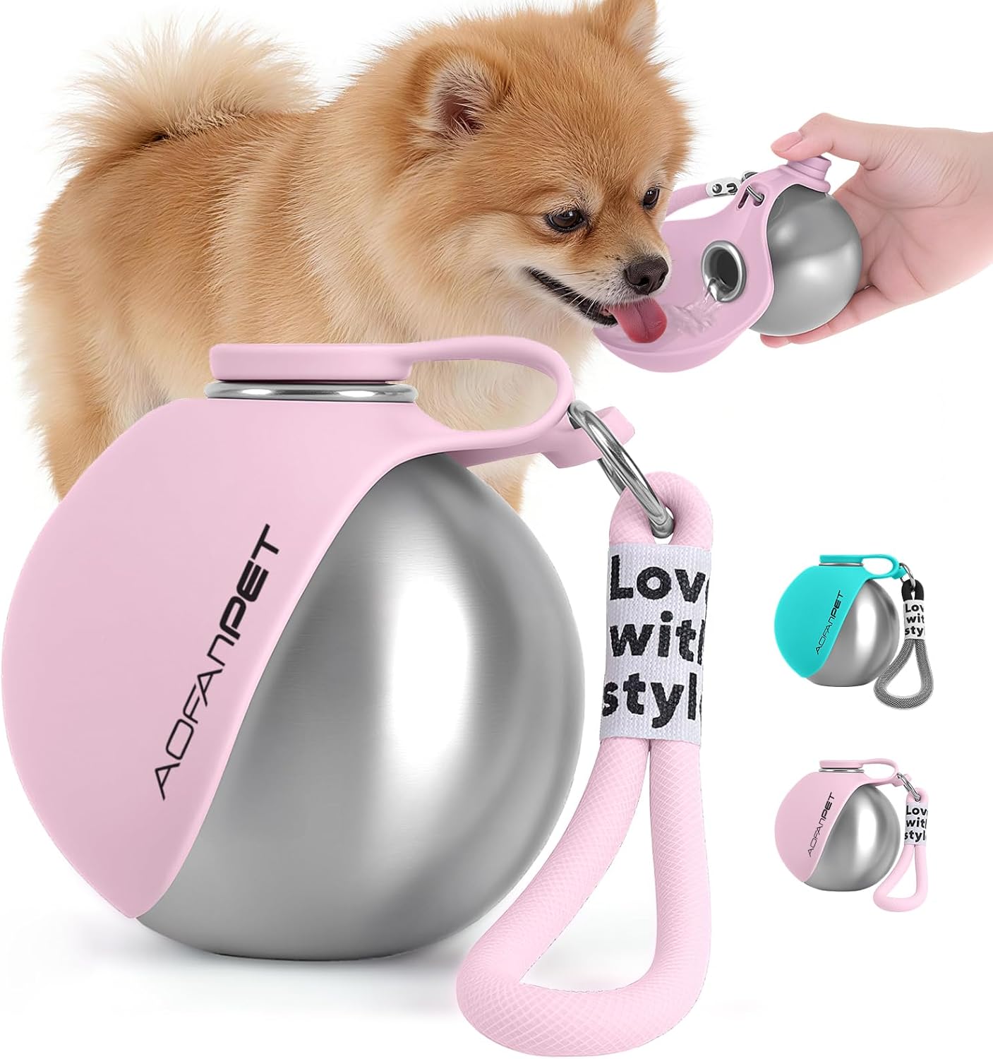 Portable Dog Water Bottle – 10oz Stainless Steel Travel Water Dispenser with Built-In Bowl, Leakproof for Walking, Hiking & Travel