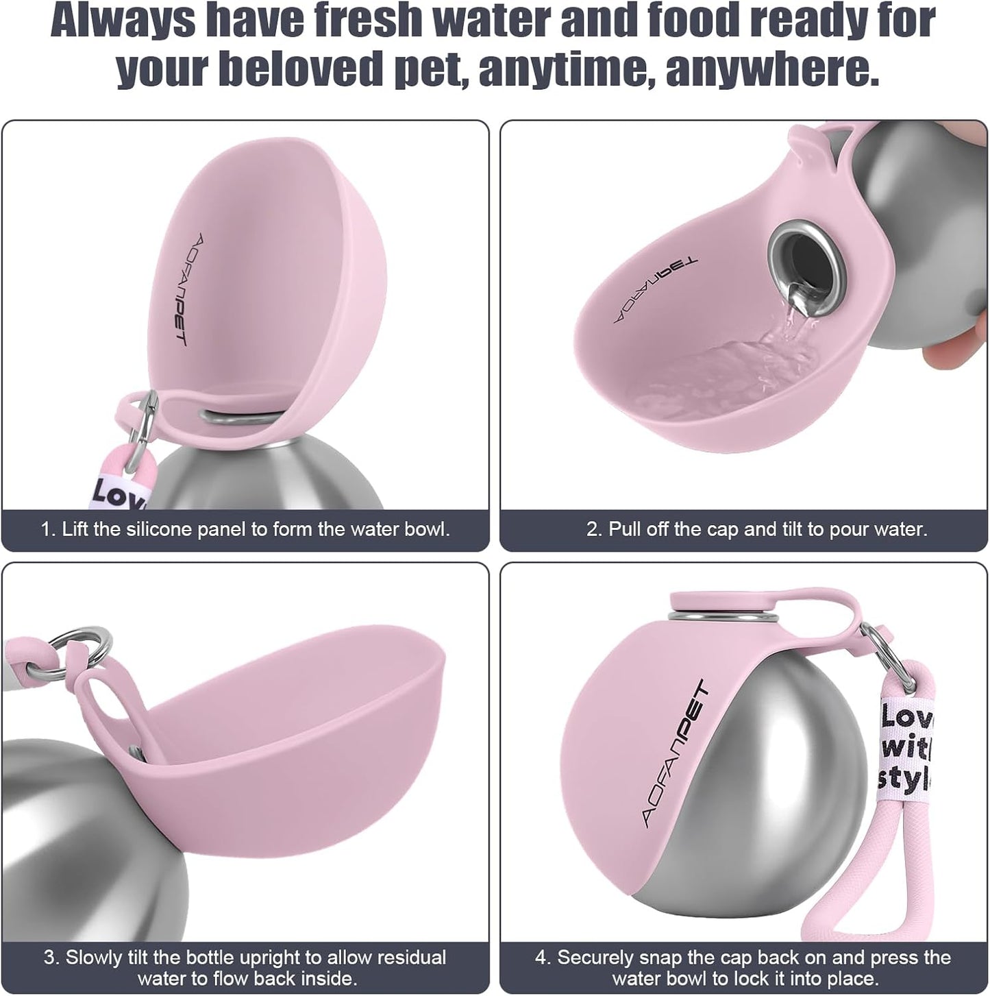 Portable Dog Water Bottle – 10oz Stainless Steel Travel Water Dispenser with Built-In Bowl, Leakproof for Walking, Hiking & Travel
