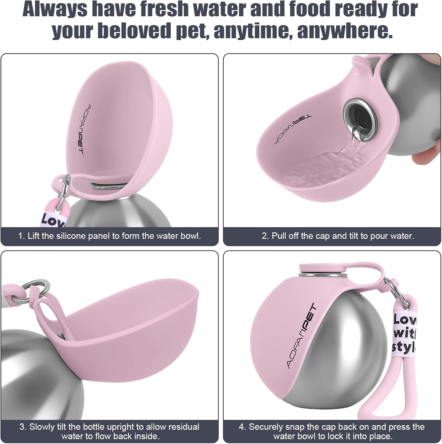 Portable Dog Water Bottle – 10oz Stainless Steel Travel Water Dispenser with Built-In Bowl, Leakproof for Walking, Hiking & Travel
