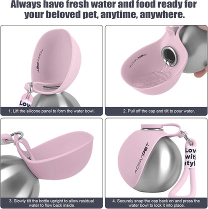 Portable Dog Water Bottle – 10oz Stainless Steel Travel Water Dispenser with Built-In Bowl, Leakproof for Walking, Hiking & Travel
