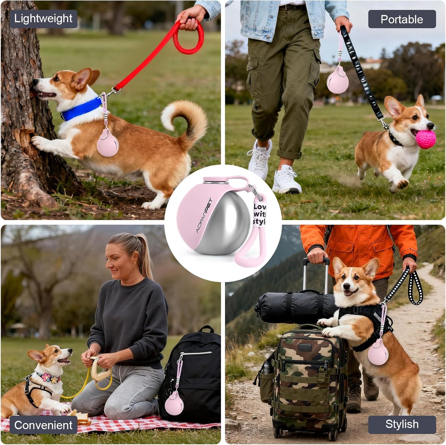 Portable Dog Water Bottle – 10oz Stainless Steel Travel Water Dispenser with Built-In Bowl, Leakproof for Walking, Hiking & Travel