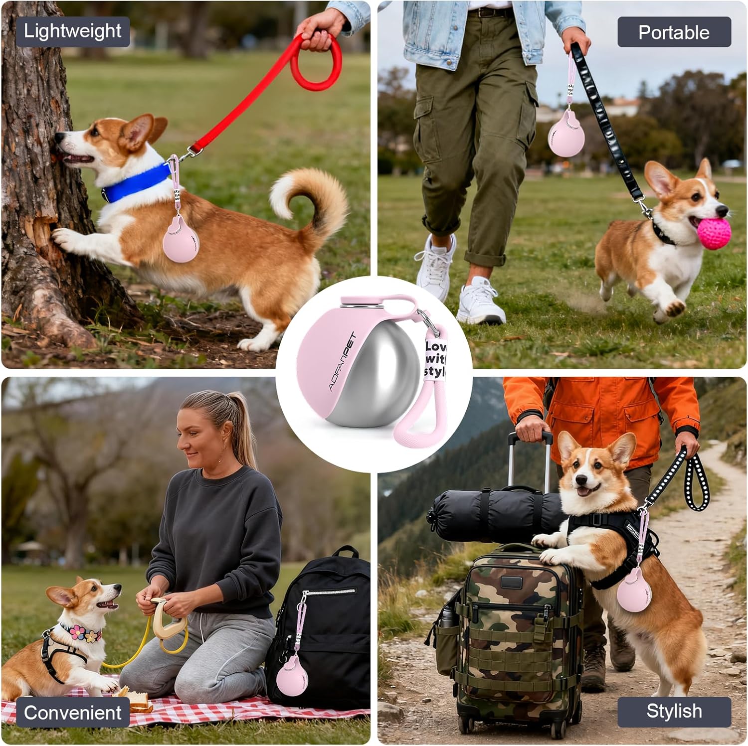 Portable Dog Water Bottle – 10oz Stainless Steel Travel Water Dispenser with Built-In Bowl, Leakproof for Walking, Hiking & Travel