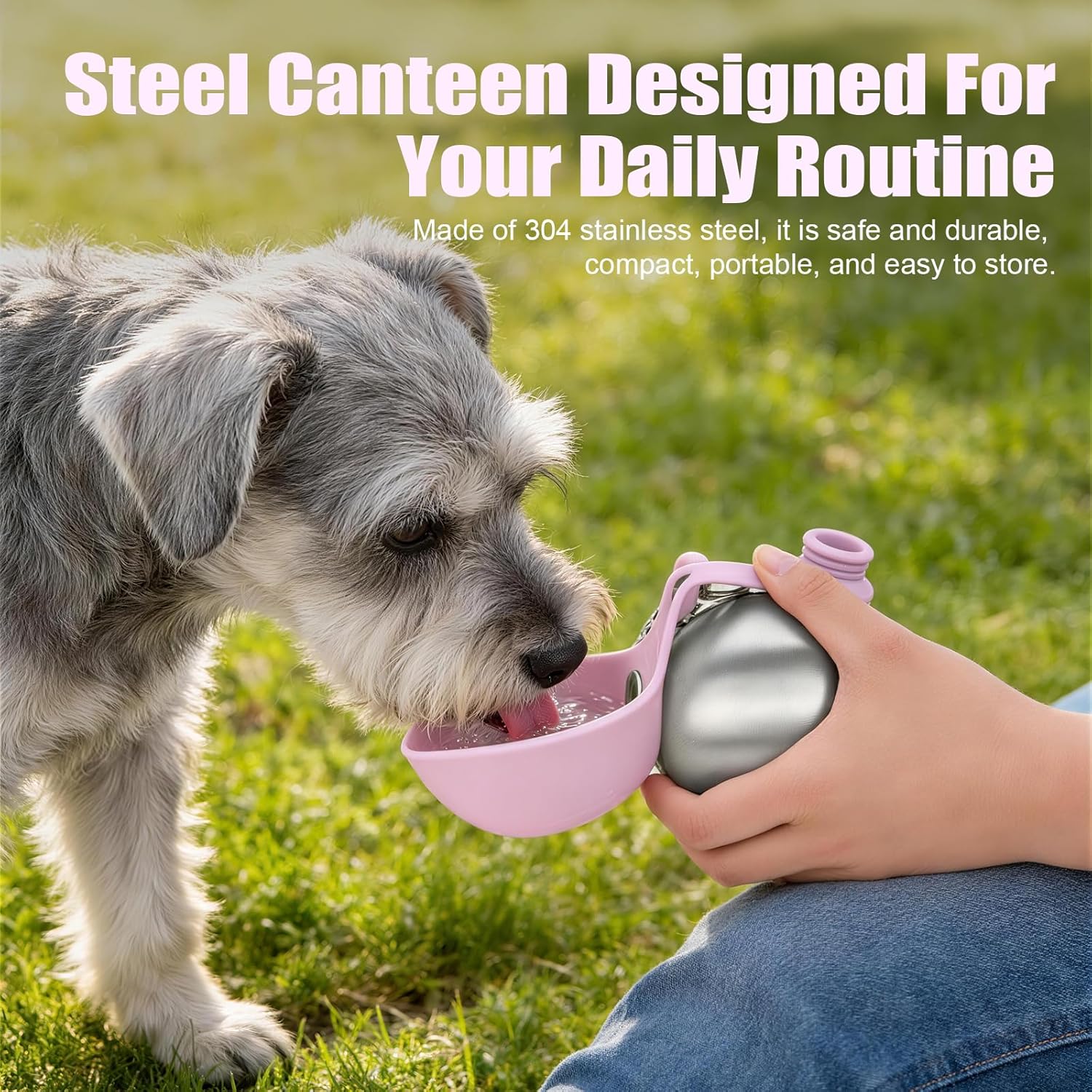 Portable Dog Water Bottle – 10oz Stainless Steel Travel Water Dispenser with Built-In Bowl, Leakproof for Walking, Hiking & Travel