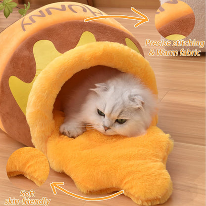 Honey Pot Cat Cave Bed – Soft Plush Cat House with Thick Rebound Sponge & Removable Washable Cushion for Cats and Kittens